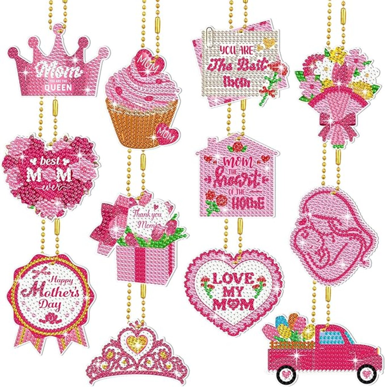 12 Pack Mother’s Day Diamond Painting Keychains, DIY 5D Diamond Art Key Chain Kits for Adults & Kids, Colorful Rhinestone Pendant Crafts for Mom
